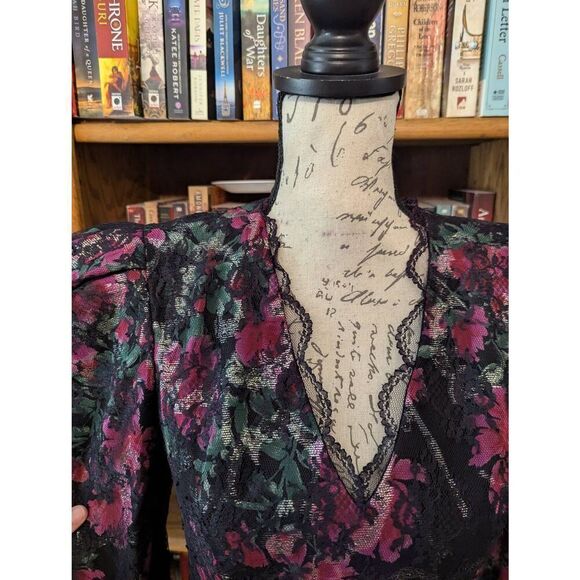 Vintage Judy Hornby Couture Women's Size m Black Pink Floral Lace Dress - Picture 3 of 8